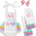 Baby Girl Half Birthday Outfit Half Way to One Donut Ruffle Romper Headband Leg Warmers 6 Month Birthday Set 3-6 M