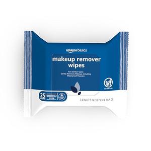 Amazon Basics Makeup Remover Wipes, Gentle Cleansing, Dermatologist Tested, Original, Plant Based, Alcohol-Free, Removes Waterproof Mascara, 25 Count Per Pack, Pack of 4. no BBD