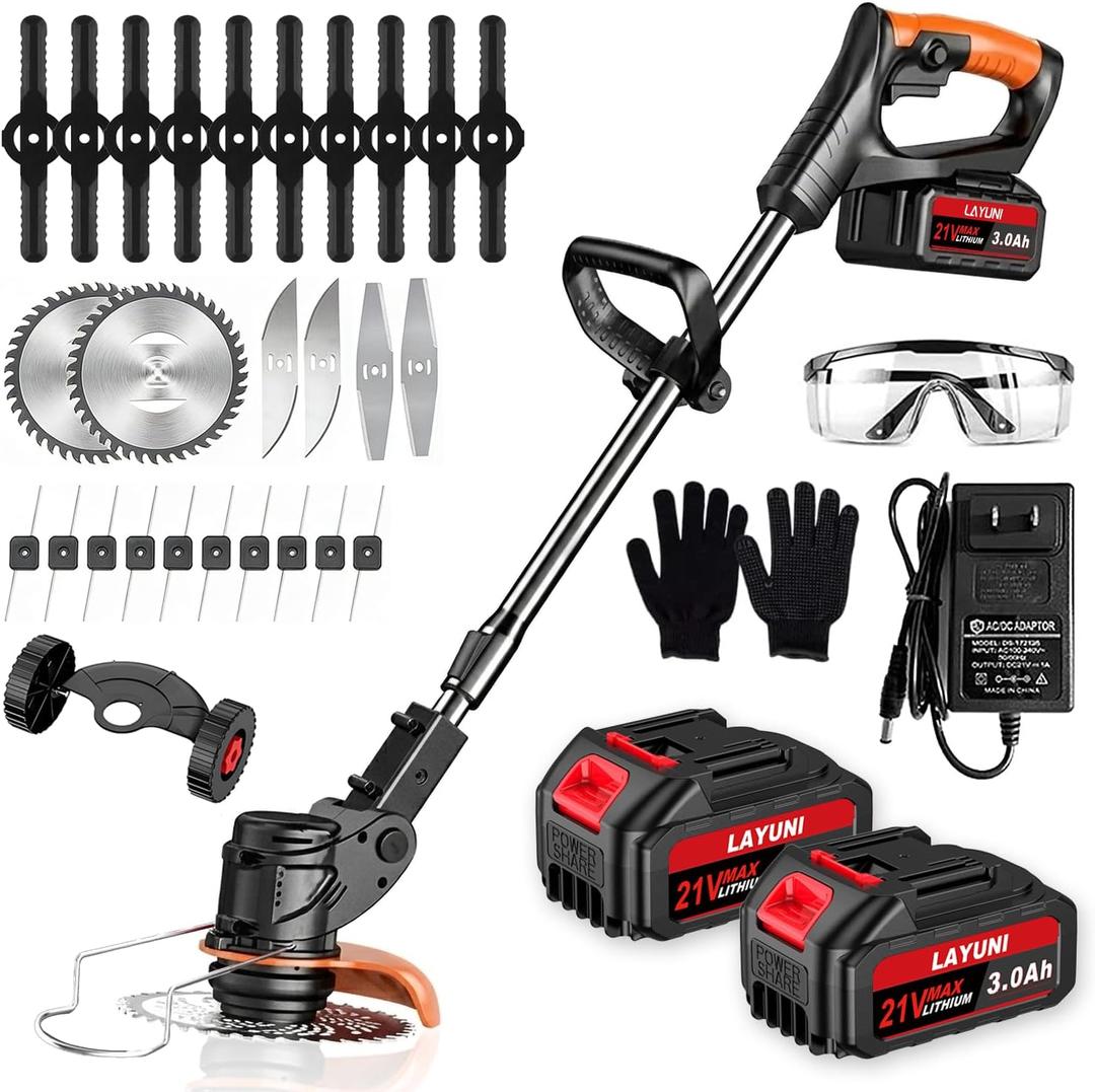 Cordless Weed Wacker with Wheels, 880W Battery Powered Weed Eater with 2 x 21V Batteries, 3-in-1 Electric Grass Trimmer & Brush Cutter with 5 Types Blades, Lightweight Weed Trimmer for Lawn & Garden