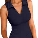 VICHYIE Womens Sleeveless Tank Tops Lapel Collared V Neck Slim Fitted Ribbed Knit Tight Polo Tops (Medium, Navy Blue)