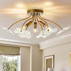 Luvkczc Semi Flush Mount Ceiling Light, Modern Gold Ceiling Light Fixture, Vintage Brass Lighting for Kitchen Entryway Hallway Bathroom Bedroom Foyer, 3 Light E12 Socket
