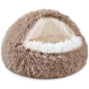 NOYAL Round Hooded Donut Dog Bed for Small & Medium Pets - Plush Fluffy Anti-Anxiety Cat Cave Bed with Cover (Small 19.6'', Brown)