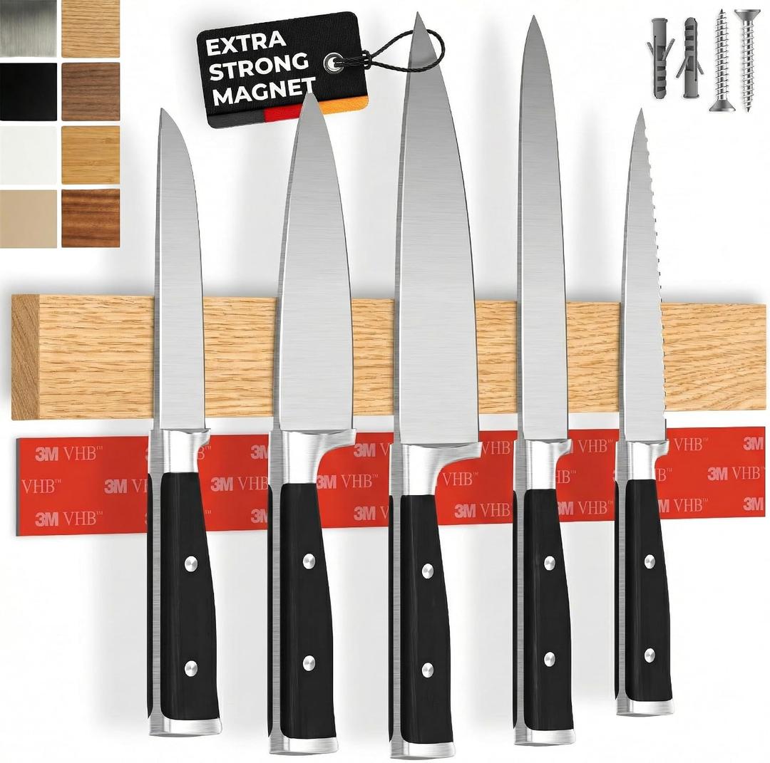 Magnetic Knife Holder for wall, 16" no drilling required, includes self-adhesive tape, extra strong for holding knives – Awarded magnet strip – Oak