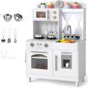 INFANS Kids Kitchen, Wooden Pretend Playset with Adjustable Heights Realistic Sounds Ice Maker Microwave Oven, Toddler Cooking Toy Gift for Boys Girls Aged 3+