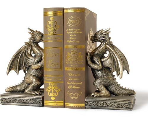 BOIHEGU Dragon Statue Decorative Bookends for Shelves, Antique Gold Dragon Statue Home Office Decoration, Fantasy Dragon Figurine Enthusiasts Gifts, Broken