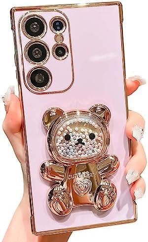 Kwhapoo Cute Compatible with Samsung Galaxy S22 Ultra 6.8 inch Stand Case,Luxury 3D Gold Color Beads Quicksand Girly Cartoon Bear Kickstand for Women,Soft TPU Shockproof Love Hearts Cases(Purple)