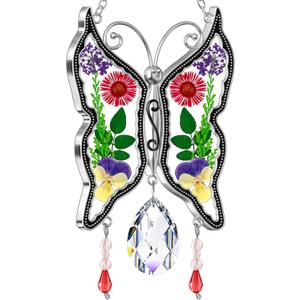 KY&BOSAM Butterfly Suncatcher Mom Gifts Stained Glass Suncatchers for Windows Hangings Wind Chime with Pressed Real Flower Wings with Crystal Charm Birthday Gifts for Mom Mother`s Day Home Decor