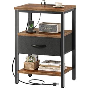 SUPERJARE Nightstand with Charging Station, Bed Side Table with Adjustable Fabric Drawer, Night Stand for Bedroom, 3-Tier Storage End Table, for Living Room, Rustic Brown and Black