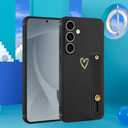 Compatible with Samsung Galaxy S25 Case for Women Girls, Cute Gold Love Heart Pattern with Wrist Hand Holder Stand Slim Soft Silicone Kickstand Protection Cover (Black)