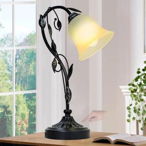Touch Table Lamps, Flower Vintage Nightstand Lamp, Rustic Reading Bedside Light, Dimmable Farmhouse Stained Glass Lamp with USB for Bedroom Living Room, E26
