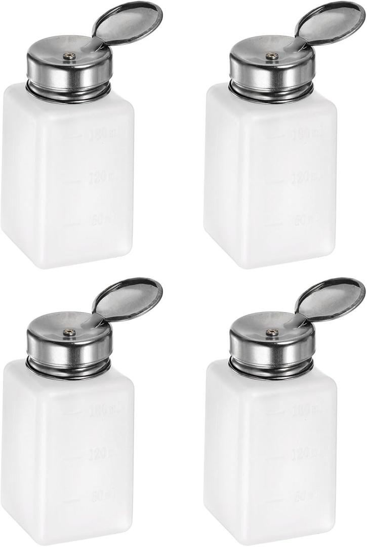 HARFINGTON 4PCS 180ML(6oz) Push Down Alcohol Dispenser Pump Liquid Press Empty Bottles Refillable Container for Acetone Cleanser Nail Polish Remover, White (1.7 Ounces)