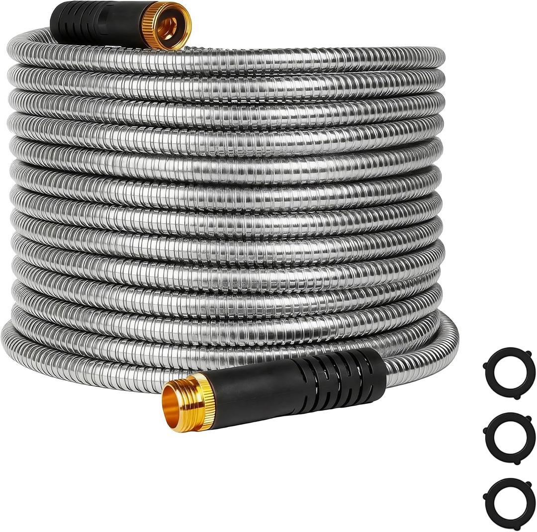 HERZO 50FT Metal Garden Hose, Ultra Flexible Stainless Steel Water Hose, Non-Kinking, Leak-Resistant Design with Solid Brass Connectors