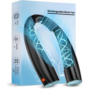 Portable Neck Fan, 6 Speeds Rechargeable Personal Fan with AI Chips, Hands-Free 360 Faster Cooling Wearable Fan, Ultra Quiet for Home, Office, Travel, Indoor, Outdoor - Black