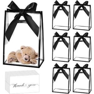 GAWBYET 24 Pcs Clear Plastic Gift Bags with Handles, Reusable Party Favor Bags With ribbons and cards for Mother's Day, Birthday, Wedding,Bachelorette Party,(8.6 x 12 x 4 Inch)
