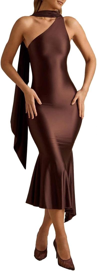 ABYOVRT Women Formal Satin Dress One Shoulder Asymmetrical Scarf Mermaid Hem Midi Dress Cocktail Prom Gown (Large, Brown)
