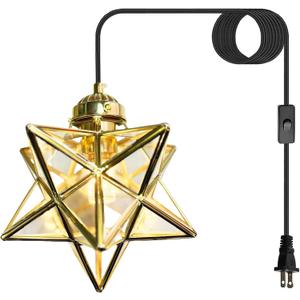 Gold Moravian Star Pendant Light with Brass Shade & Seeded Glass, 16.5ft Plug-in Hanging Light Fixture with Switch, Brass Lighting Fixture for Kitchen Island, Bedroom, Nursery(LED Bulb Included) (7.48 inch)