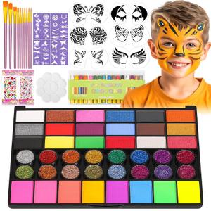 Kids Face Painting Kit - 42 Non-Toxic Colors, 16 Crayons, 6 Reusable & 40 Sticky Stencils for Parties & Halloween