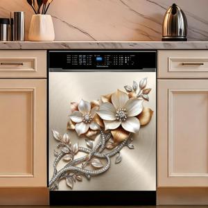 Silver Gold Floral Dishwasher Magnet Cover 23 x 26 Inch, Elegant Metallic Flower Magnetic Dishwasher Door Cover, Luxury Botanical Appliance Front Panel Decor for Kitchen(Champagne)