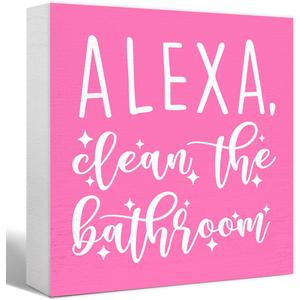 SJNH Pink Wood Sign Alexa Clean the Bathroom Shelf for Desk Decor | Funny Bathroom Pink Wood Sign Alexa Clean the Bathroom