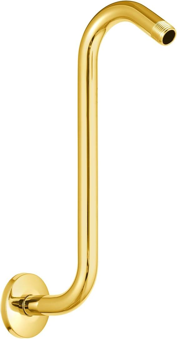 OFFO Shower Head Extension Arm 12 in, Bright Gold S Shaped Shower Arm with Flange High Rise Goose Neck Shower Arm Extension
