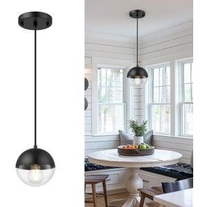 LMS 6-inch Modern Pendant Light, Matte Black Kitchen Pendant Light with Clear Globe Glass, Adjustable Hanging Farmhouse Pendant Light Fixtures for Dining Room Living Room Kitchen Island, LMS-186BKCS