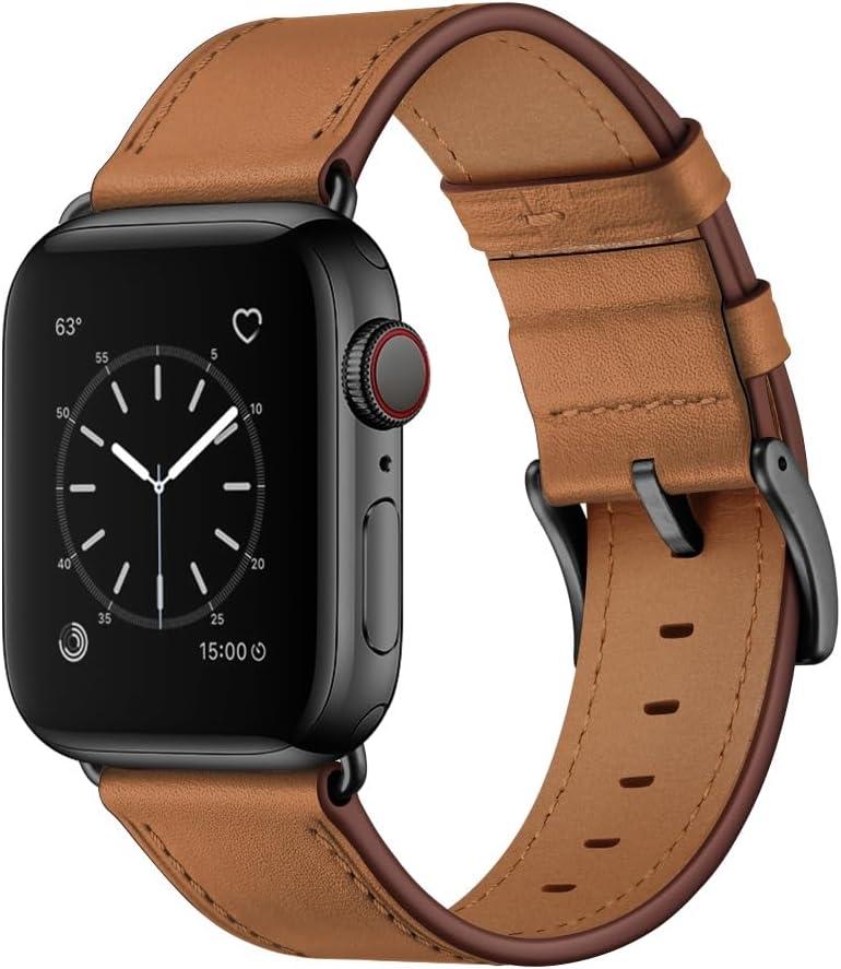 OUHENG Leather Bands Compatible with Apple Watch Band 49mm/46mm/45mm/44mm/42mm, Genuine Leather Strap for iWatch Series 11/10/9/8/7/6/5/4/3/2/1 & Ultra 3/2/1 & SE3 SE2 SE, Light Brown/Black