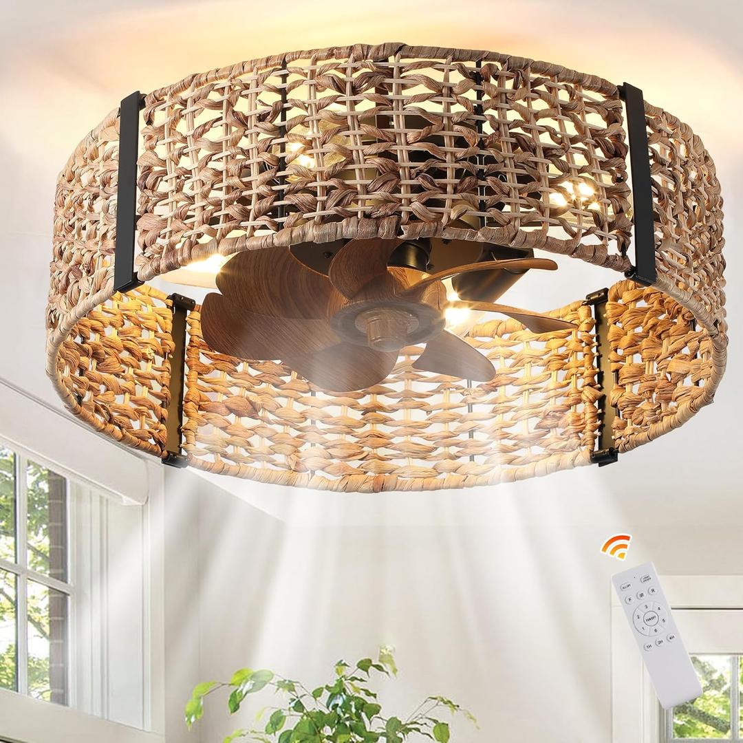 Ganeed 20" Boho Fandelier Ceiling Fan with Light, Rattan Caged Ceiling Fan with Light and Remote Control, Quiet Reversible Motor Enclosed Low Profile 6 Speeds for Bedroom Living Room Porch Kids Room