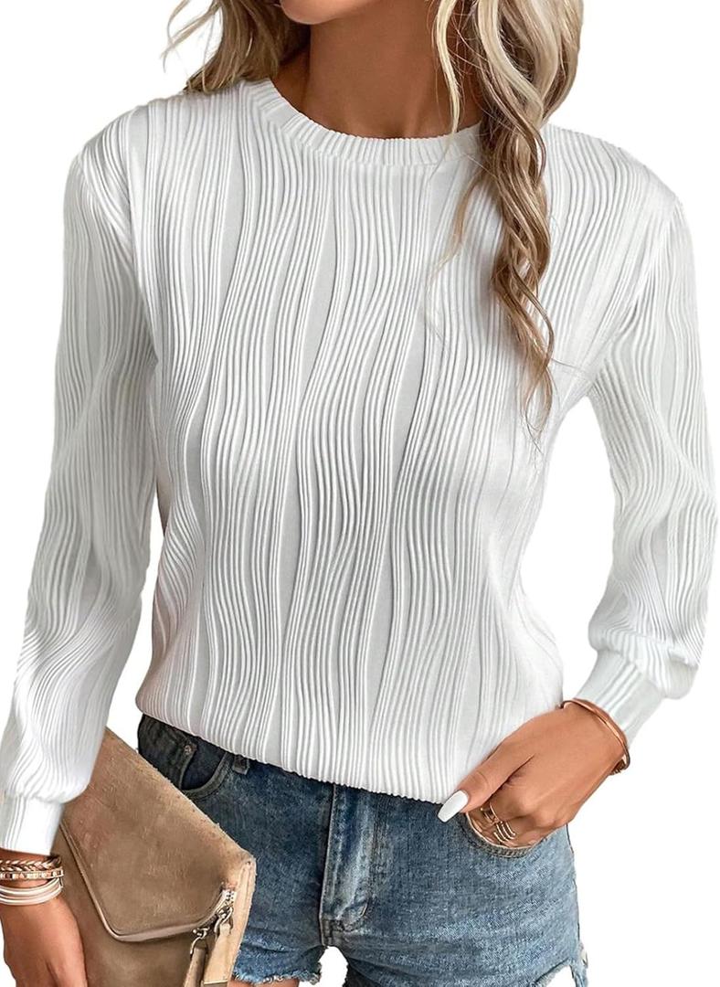 EVALESS Womens Tops Trendy Dressy Casual Long Sleeve Crewneck Basic T Shirts Solid Loose Textured Blouses Outfits (Medium)