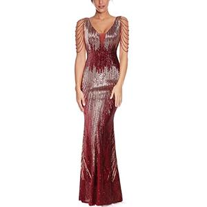 Women 1920s Plus Size Formal Dress Tassels Sleeve Sequins Gatsby Maxi Evening Gown(Wine,XL)