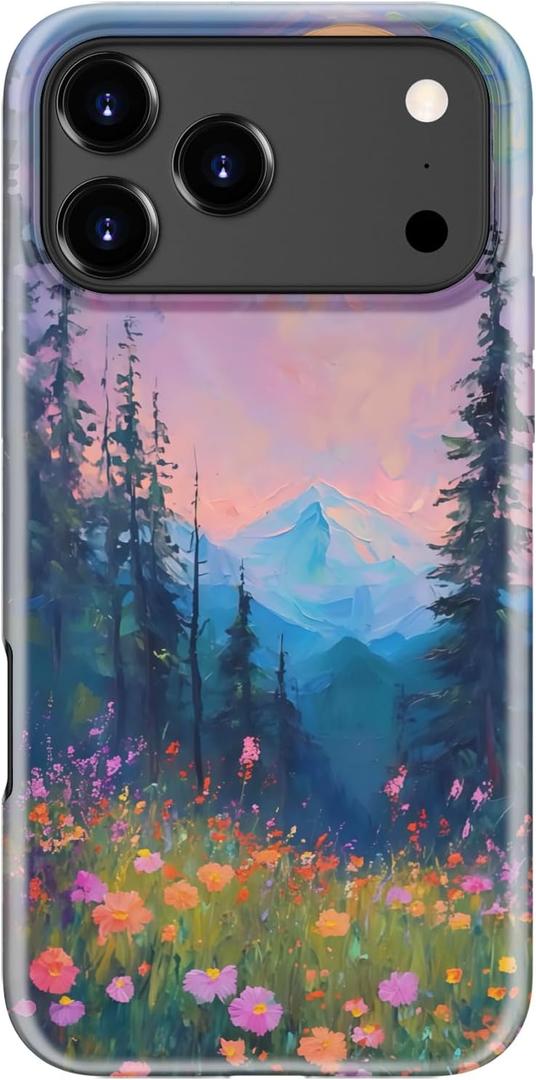 LUHOURI for iPhone 17 Pro Case, Wireless Charging Compatible, Dual-Layer - Soft Silicone Inner + Hard Outer Shell, Cute Wildflower Design, Protective Phone Cover for Women - Twilight Mountain Floral