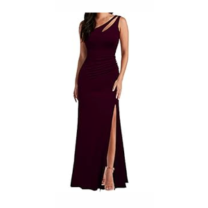 WOOSEA Women's One Shoulder Sleeveless Split Bodycon Mermaid Evening Cocktail Long Dress, Burgundy, Size XL