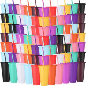 Honeydak 150 Pack Tumbler with Straw and Lid Bulk Cups for Gifts Water Bottle Iced Coffee Travel Mug Cup Reusable Plastic Tumblers for Party Birthdays 24-27 oz (Classic Color) (EXP 08/04/26)