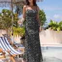 Women Sleeveless Spaghetti Strap Floral Maxi Dress Ruched Bodycon Beach Wedding Guest Backless Long Slip Dresses (Black, XS)
