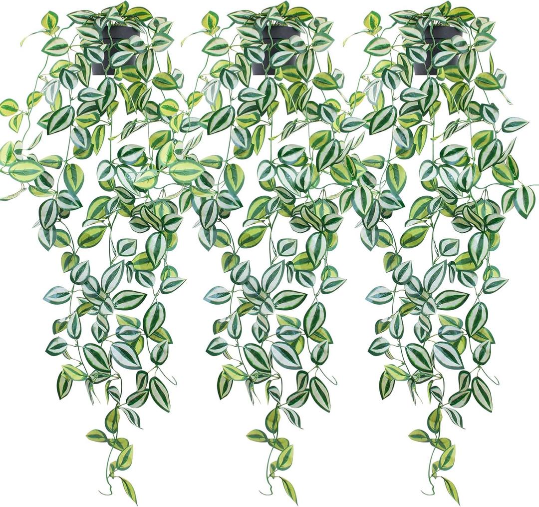 LOYWREE 3 Pack Fake Hanging Plants - Small Potted Plants with Green Eyebrow-Leaf Trailing Vines, Indoor Outdoor Aesthetic Decor for Office, Living Room Shelf & Home Accent (Black Pot)