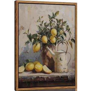 Vintage Lemon Canvas Wall Art Farmhouse Kitchen Painting Pictures Yellow Lemon Still Life Wall Decor Antique Fruit Posters Prints for Kitchen Dining Desktop Wooden Framed (24L"x16W"Framed, brown)