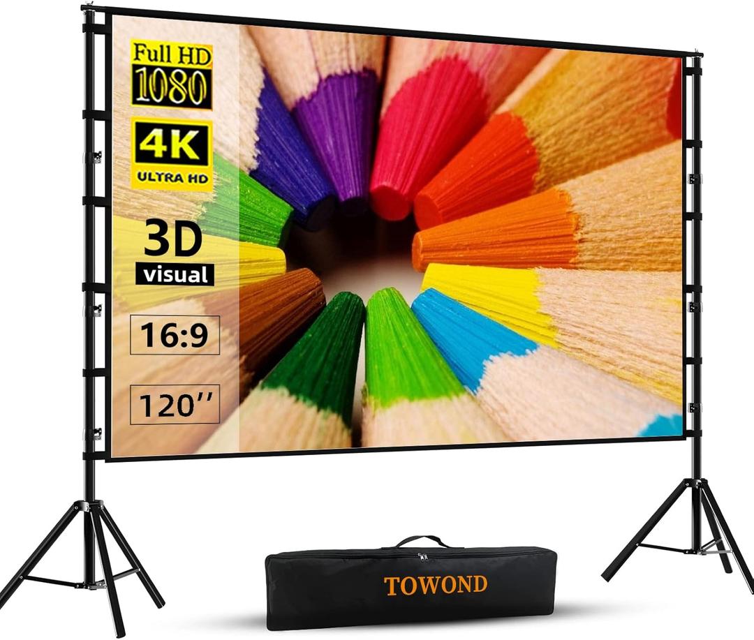 TOWOND Projector Screen with Stand 120 inch, Portable 16:9 4K HD Lightweight Movie Screen with Carry Bag for Backyard Movie Night(100in)