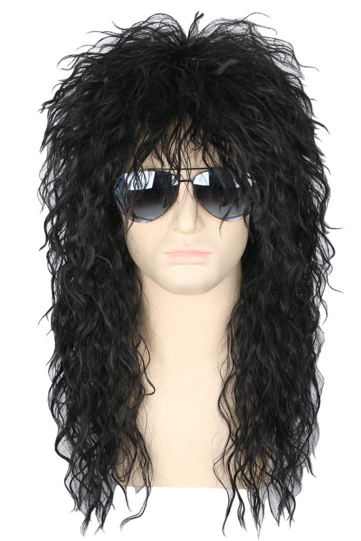 Topcosplay Mens 80s Black Mullet Wigs Male Hair Punk Heavy Metal Rocker Wig