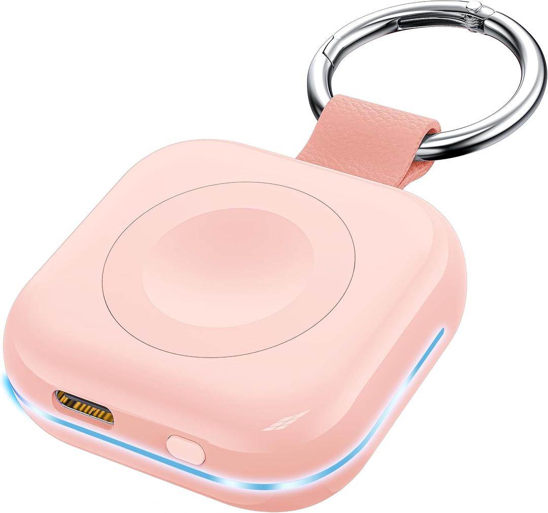 HUOTO Portable Wireless Charger for Apple Watch Accessories,for Apple Watch Series 11/10/9/8/UItra 2/UItra/7/6/5/4/3/2/SE,Compact Magnetic iWatch Charger 1200mAh Power Bank Keychain Travel Style Gift (Pink)
