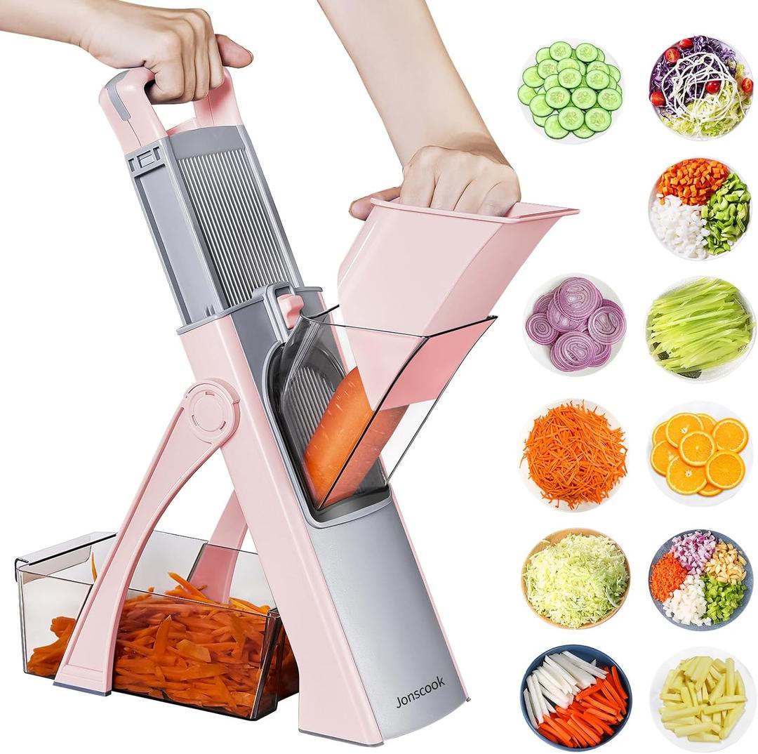 Safe Mandoline Food Slicer for Kitchen - Vegetable Chopper With Adjustable Thickness, Multifunctional Veggie Chopper Vegetable Cutter Slicer Dicer For Onion Potato Tomato - Pink (All in 1, Gray&Pink)