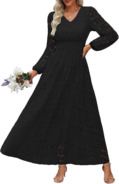 Women's Long Puff Sleeve Floral Maxi Dress V Neck Lace Eyelet Hollow Out A Line Flowy Boho Spring Wedding Guest Party Dresses, Black Medium