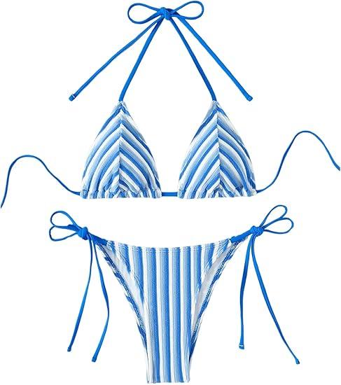 Women's 2 Piece Bikini Sets Halter Tie Side Triangle Swimsuit Striped Bathing Suit, (Blue, Medium)