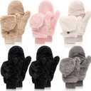 6 Pairs Fur Flip Mittens Women for Winter Warm Soft Half Finger Fingerless Convertible Fuzzy Gloves (Multicolor)