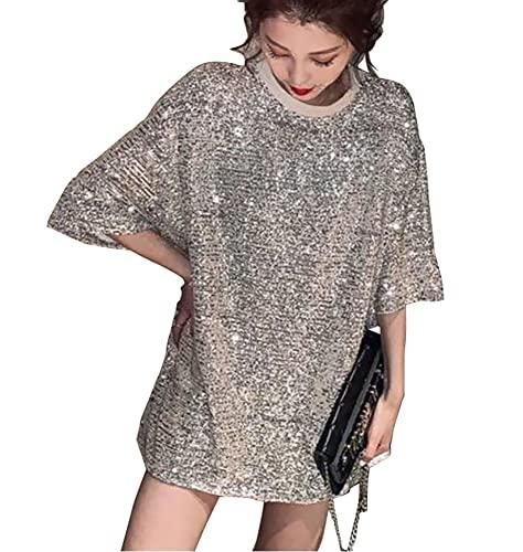 Nite closet Loose Silver Sequin Tops Sparkle Long Shirt for Women Punk Rock Clothing (6) L