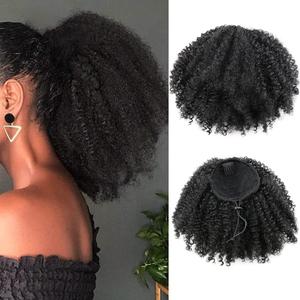 Drawstring Ponytail Afro Kinky Curly for Black Women Short Wave Synthetic Ponytail Hair Extension(#1B,Nature Black)