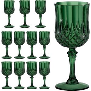 HTTBEIZI 7OZ Plastic Wine Glasses, Disposable Goblets Drinking Glasses Crystal Vintage Water Cups Unbreakable Champagne for Valentines Day, Wedding, Parties (12, Dark Green)