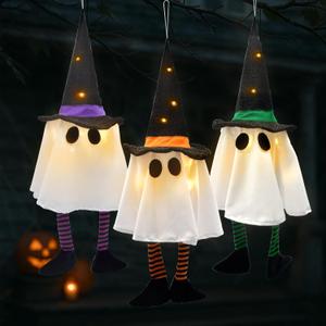 3 Pack Halloween Hanging Ghost Lights with Glitter Hats, Battery Powered Halloween Decorations Outdoor Indoor, LED Floating Ghost Decor for Porch, Tree, Yard & Window, Indoor Outdoor Decoration