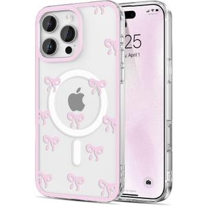 EYZUTAK Magnetic Case for iPhone 13 Pro, Compatible with MagSafe, Clear Cute Ribbon Bowknot Aesthetic Bow Phone Case Stylish Slim Anti-Yellowing Durable PC Protective Cover for Women Girls- Pink