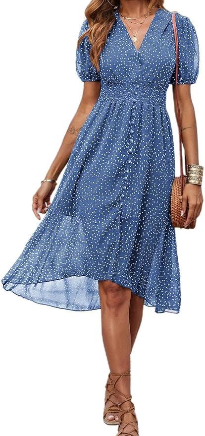 PRETTYGARDEN Women's Floral Wrap V-Neck Midi Dress Short Sleeve Boho Summer Beach Long Dress High Low Hem Smocked Dress Women, Medium