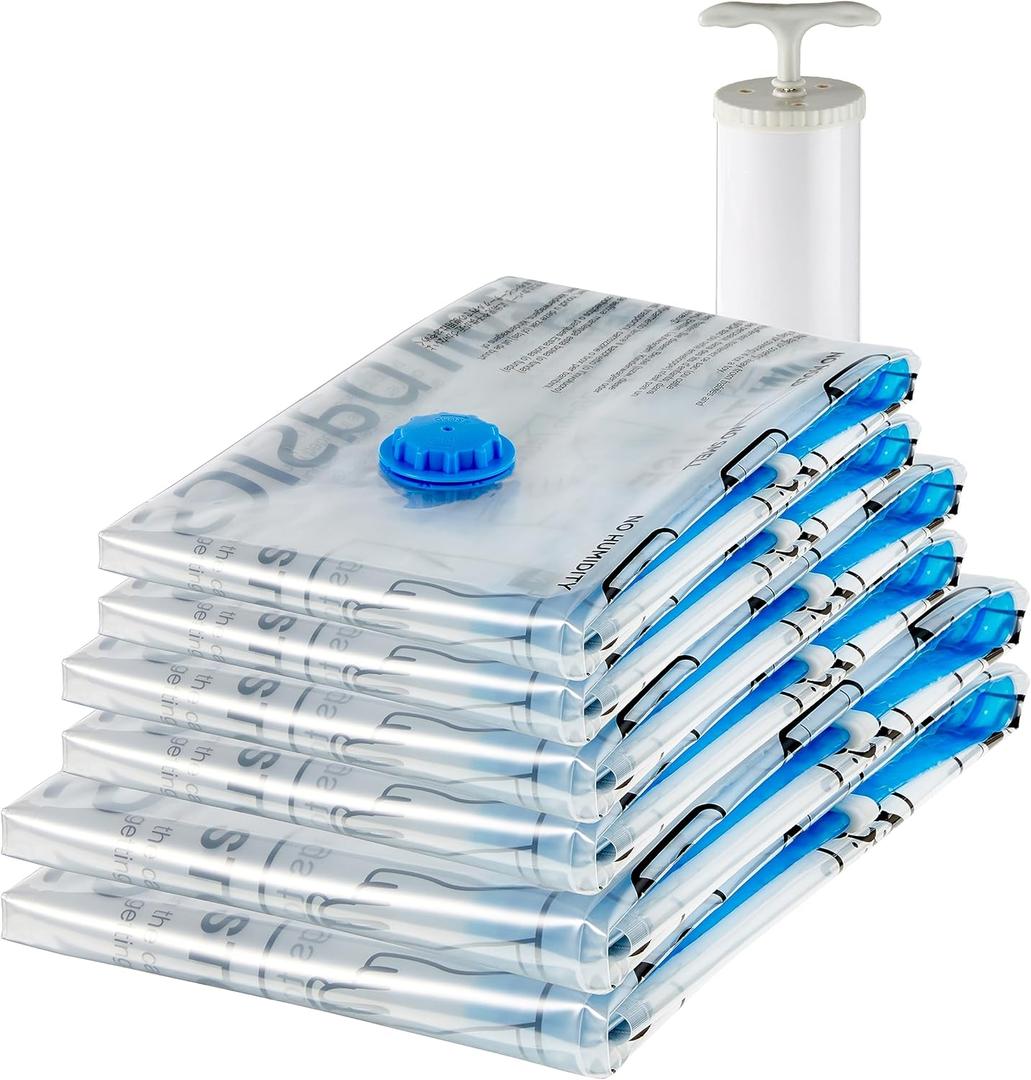 Amazon Basics Multiple Vacuum Compression Zipper Storage Bags for Space Saving and Travel with Hand Pump, 6-Pack (2 Jumbo, 2 Large, 2 Medium), Transparent