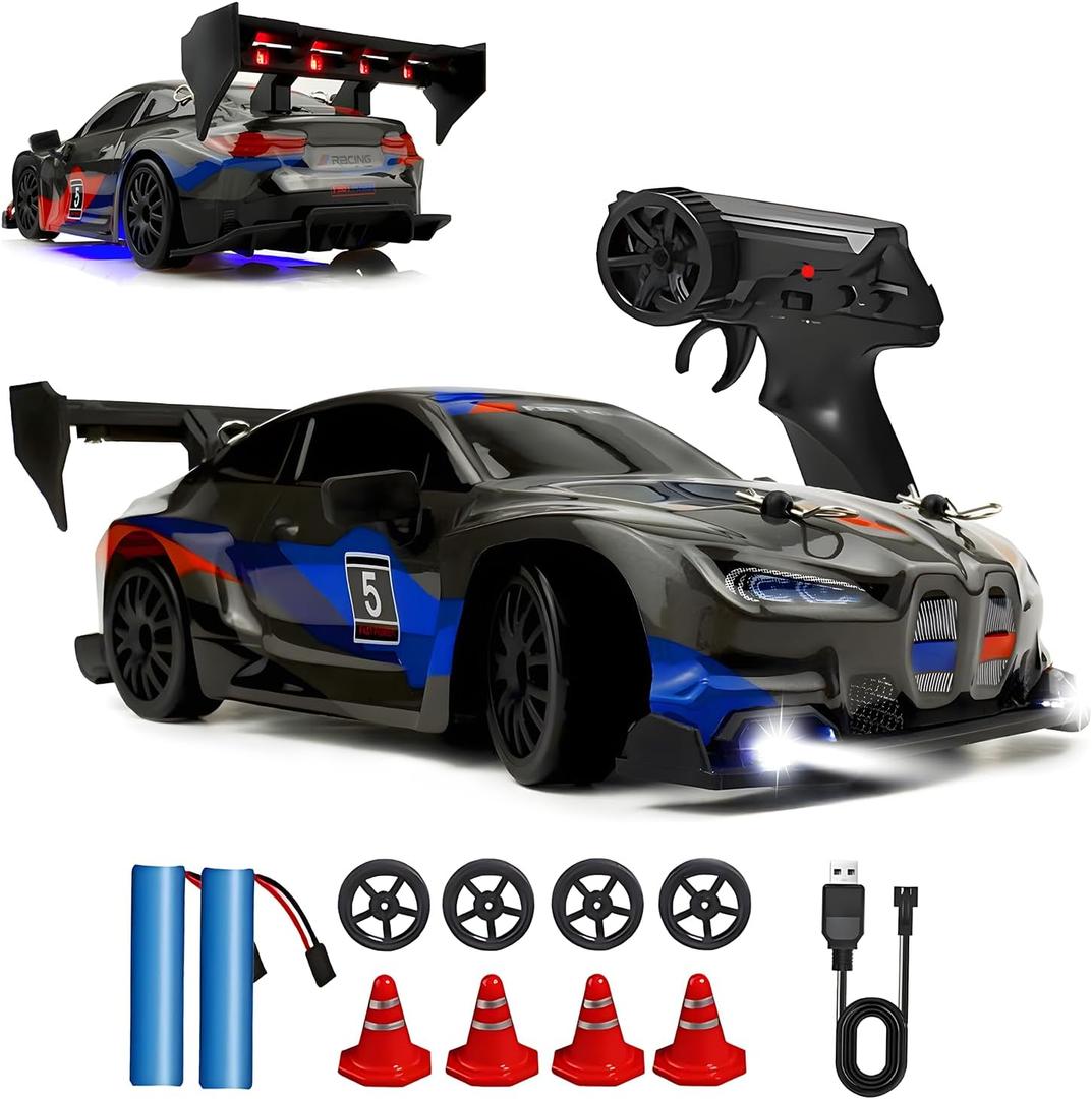 RC Drift Car 2.4GHz 1:24 Scale 4WD 25KM+/H High Speed Model Vehicle with LED Lights Drifting Tire Racing Sport Toy Car for Adults Boys Girls Kids Gift (Black)